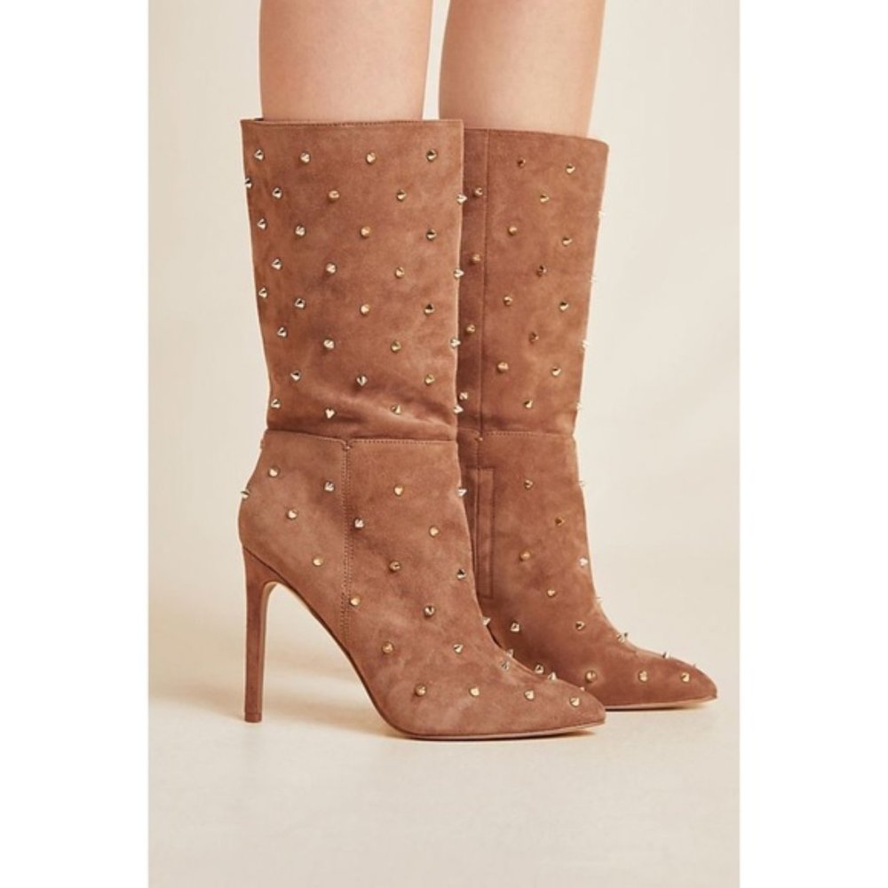 NWT Sam Edelman Waylyn Gold Studded Brown Suede Mid Calf High Heel Boots 8.5